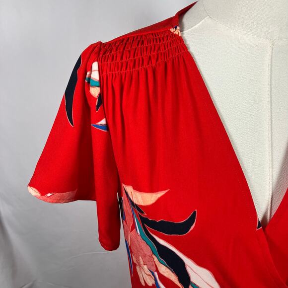 A‎ New Day Red Floral Wrap Midi Dress XS Blue Pink Tie Waist Short Sleeve New - Picture 7 of 16
